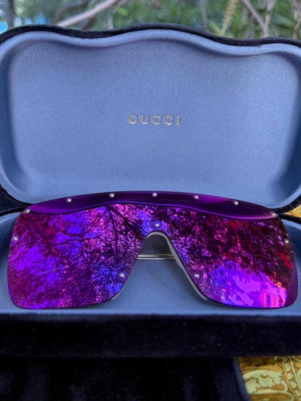 Gucci Oversized Shield Sunglasses Purple Mirror Visor GG Gold Frame w/ Case